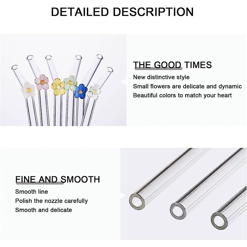 Set of 6 Reusable Stained Glass Drinking Straws with Cleaning Brush