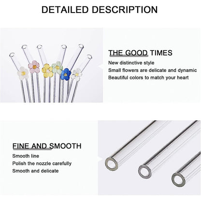 Set of 6 Reusable Stained Glass Drinking Straws with Cleaning Brush