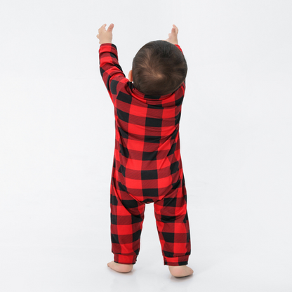 Red Checkered Family Matching Christmas Pajamas with Stand-Up Collar