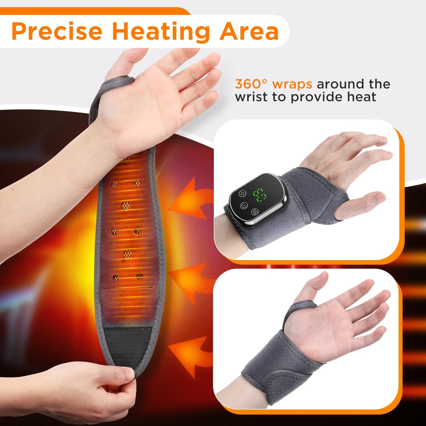 Heated Electric Wrist Brace with Vibration, Adjustable Strap & Timer