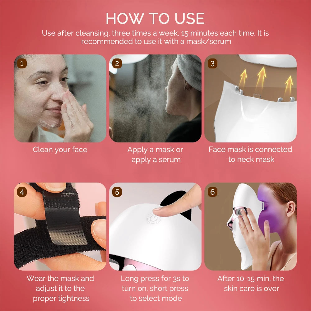 Wireless LED Facial Mask with Neck Light Therapy – 7 Colors, 120 LEDs for Acne and Wrinkle Treatment