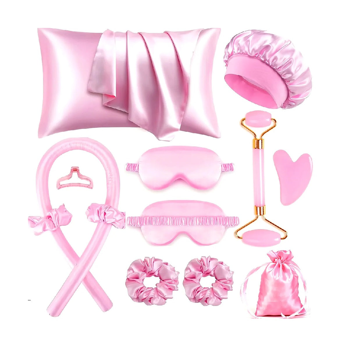 Silk Sleep Kit - Pillowcase, Eye Mask, Gua Sha Tool, and Face Roller