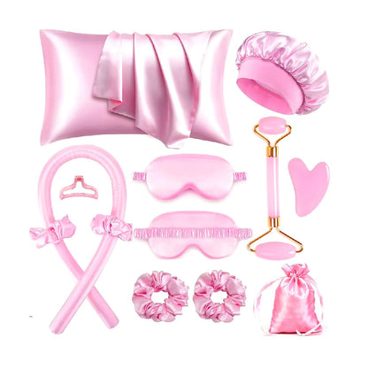 Silk Sleep Kit - Pillowcase, Eye Mask, Gua Sha Tool, and Face Roller