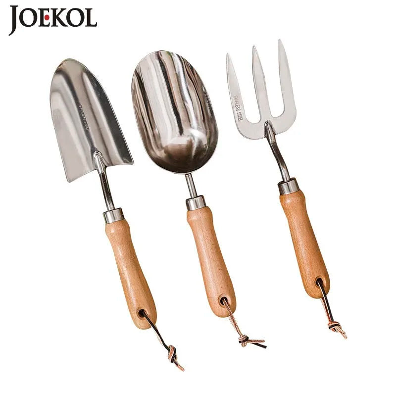 5-Piece Garden Tool Set | Stainless Steel Gloves with Wooden Handle | Shovel, Rake, Plant Fork