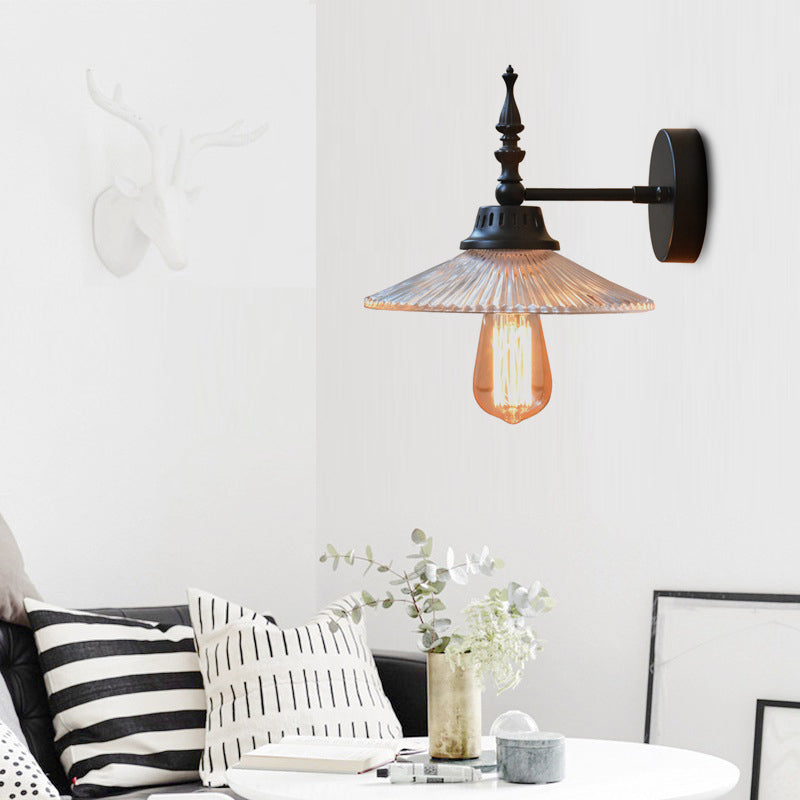 Industrial Wall Lamp with Clear and Green Glass Cone Shade for Living Room