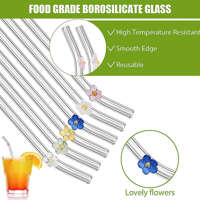 Set of 6 Reusable Stained Glass Drinking Straws with Cleaning Brush