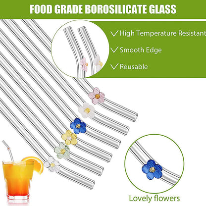 Set of 6 Reusable Stained Glass Drinking Straws with Cleaning Brush