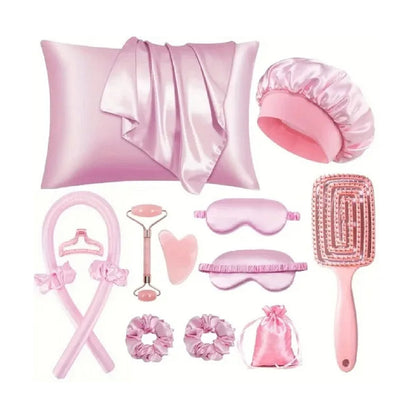 Silk Sleep Kit - Pillowcase, Eye Mask, Gua Sha Tool, and Face Roller