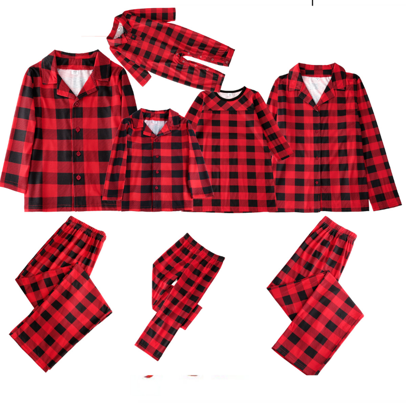 Red Checkered Family Matching Christmas Pajamas with Stand-Up Collar