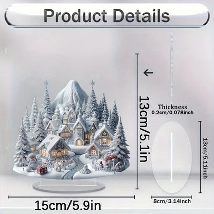 Acrylic Christmas Ornament - Snow Village with Reindeer Scene - Flat 2D Design