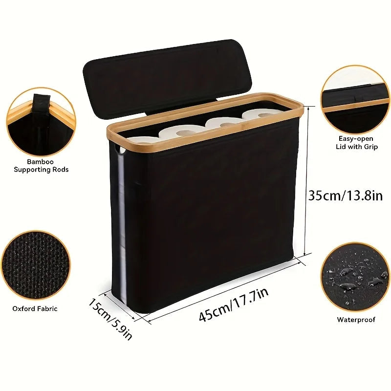 Foldable Bamboo Bathroom Organizer with Basket | Toilet Paper Holder