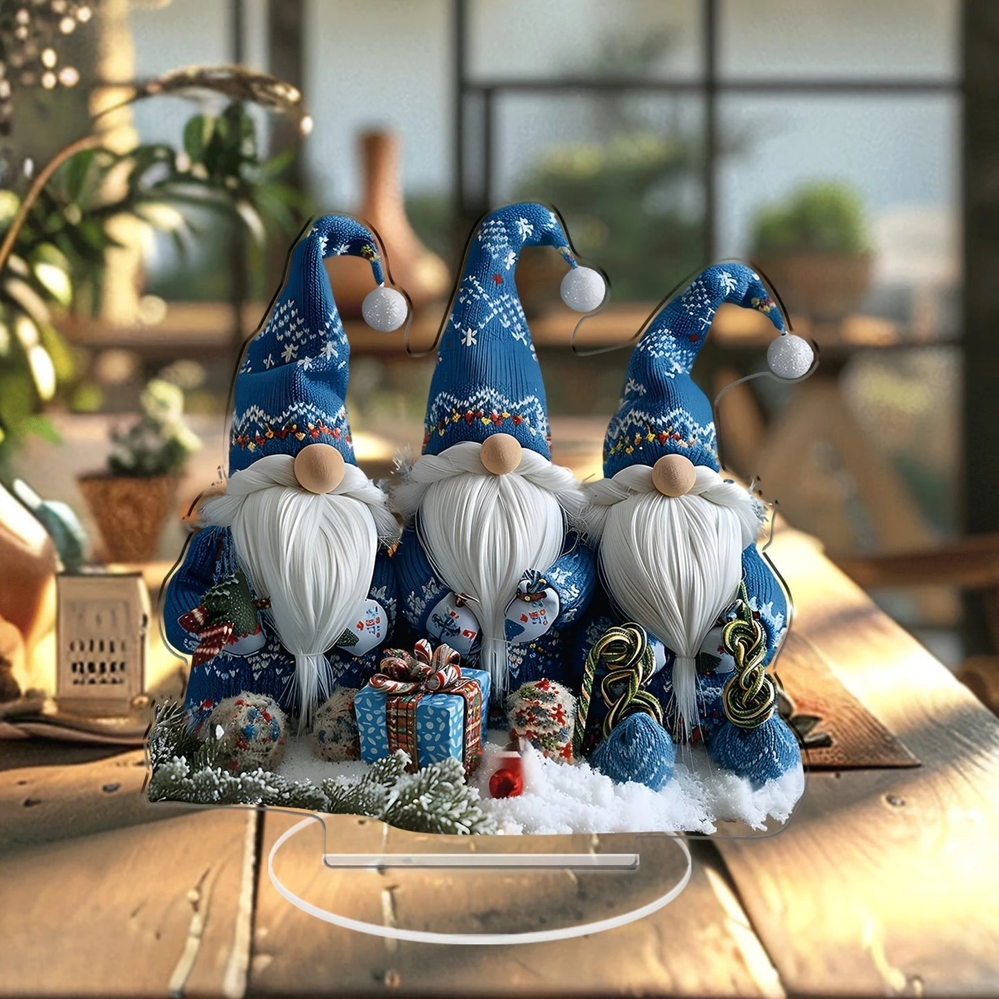 Set of 3 Blue Christmas Gnome Figurines | 18 cm Acrylic Table Decor for Living Room, Kitchen & Office