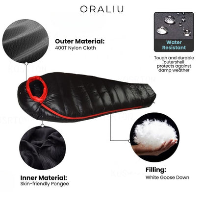 Winter Sleeping Bag - Down Insulation, 400T Ripstop Nylon, -20°C Rated