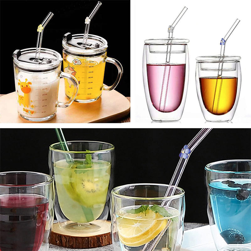 Set of 6 Reusable Stained Glass Drinking Straws with Cleaning Brush