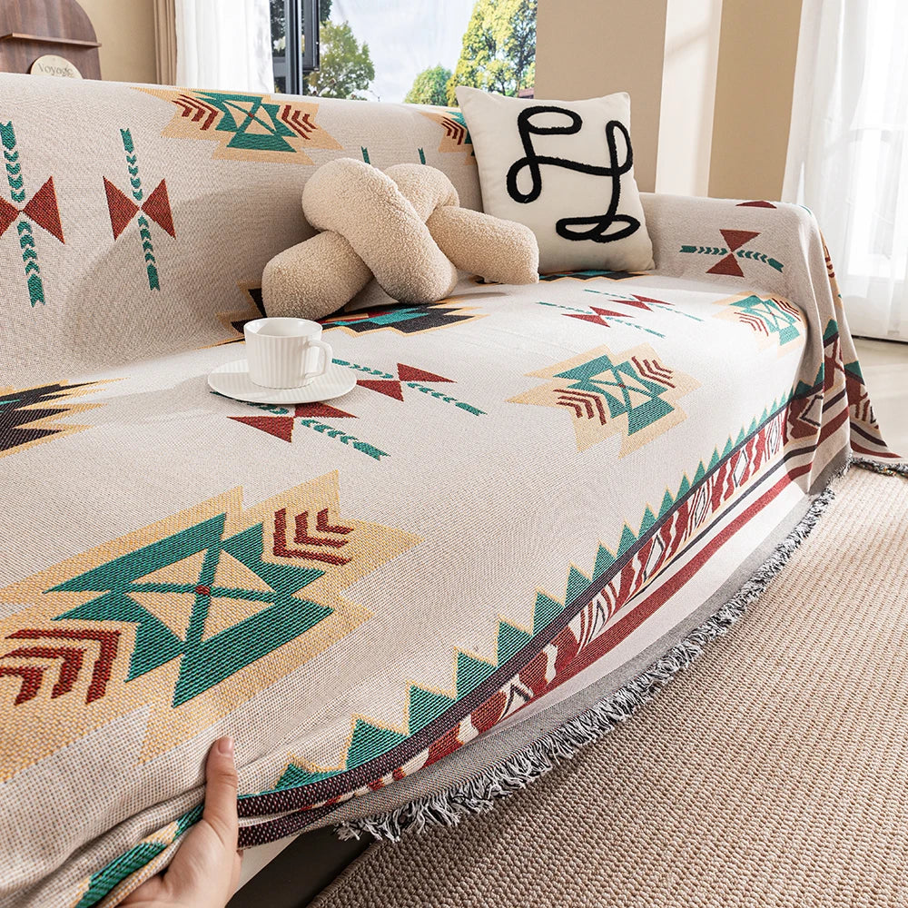 Reversible Boho Throw Blanket with Geometric Design – Soft Cotton Blend with Fringes