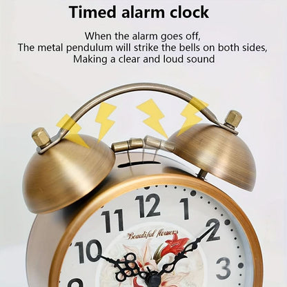 Scandinavian Vintage Twin Bell Alarm Clock with Luminous Metal Design