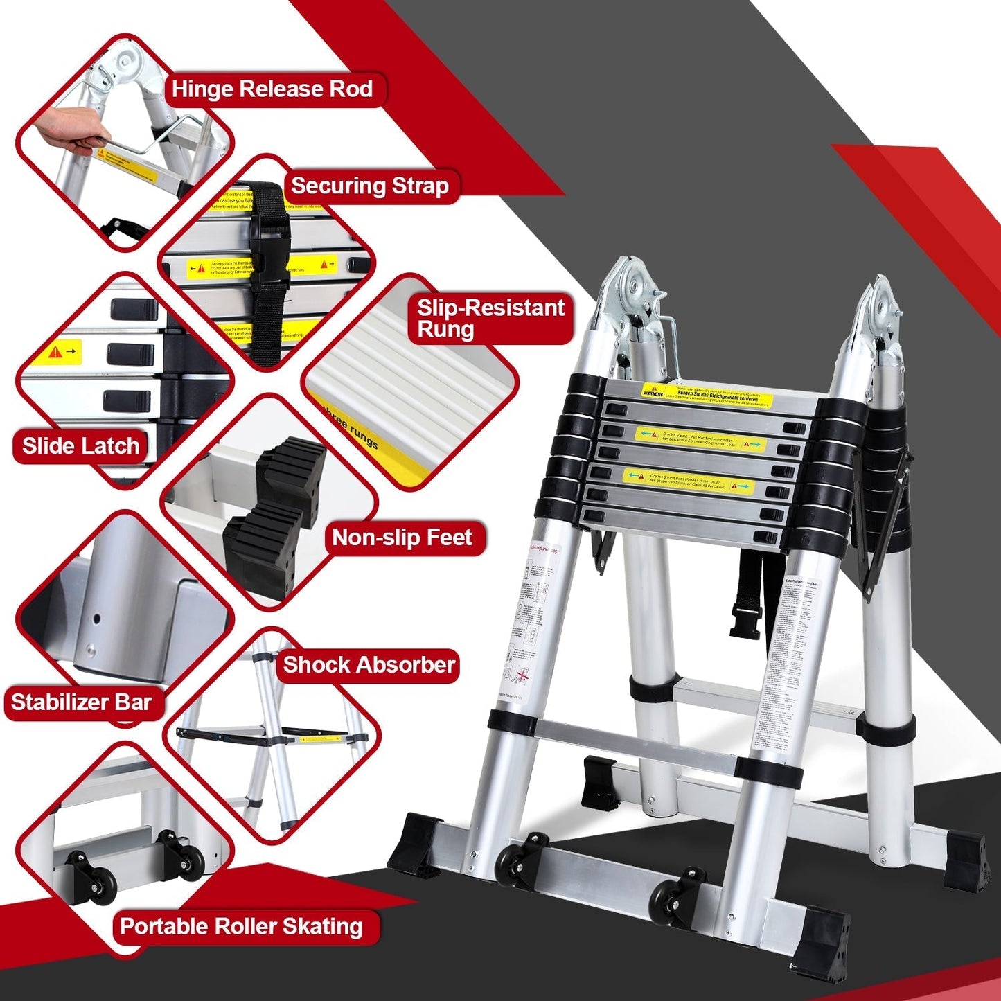 Folding Telescopic Ladder 5M with Wheels and Triangle Stabilizer