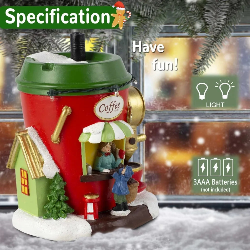 North Pole Coffee House Christmas Village with LED Lights and Figures | Handmade Resin Decorative House | Battery Operated 5.1×3.9×6.1 inches