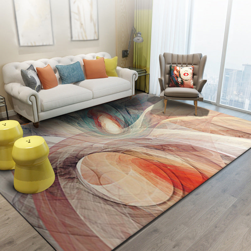 Abstract Polyester Rug in Apricot and Green - Washable Non-Slip Design for Living Room