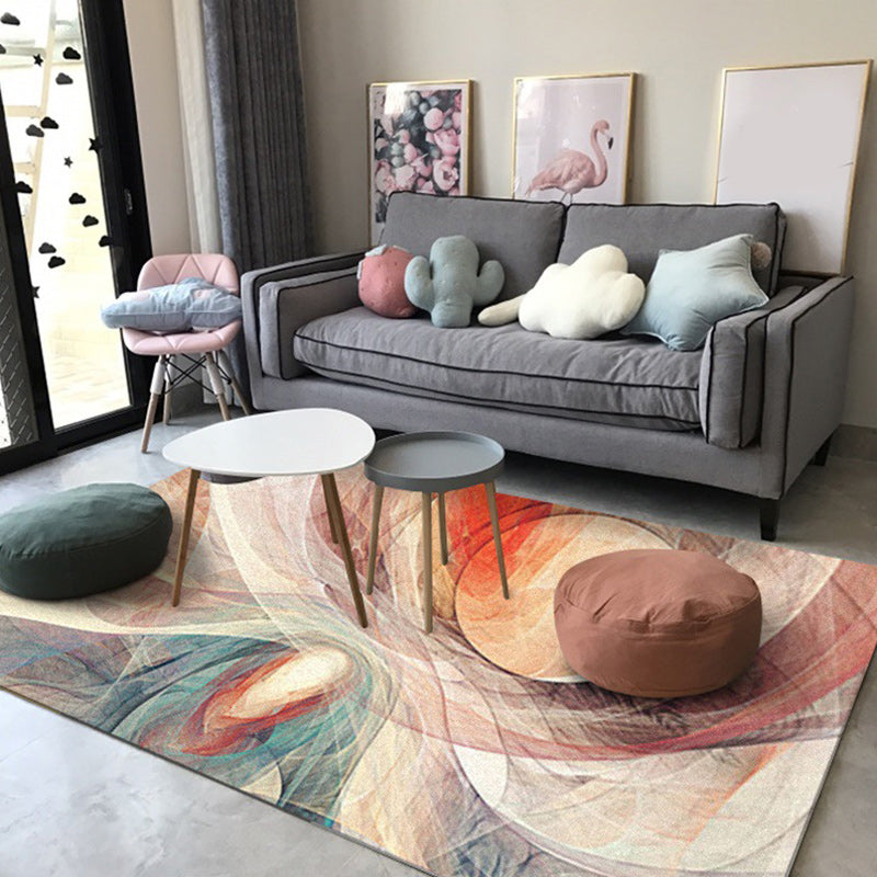 Abstract Polyester Rug in Apricot and Green - Washable Non-Slip Design for Living Room