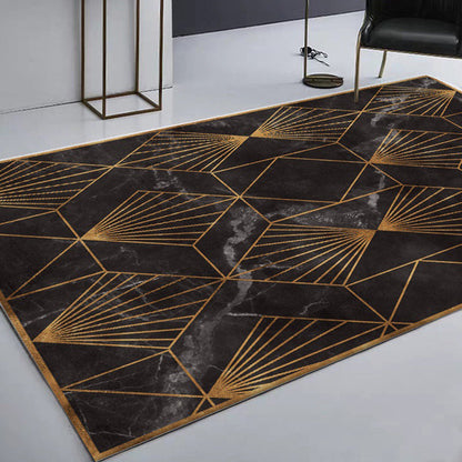 Washable Polyester Carpet with Geometric Design – Black and Gold, Non-Slip for Living Room