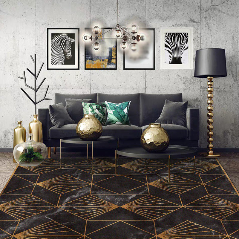 Washable Polyester Carpet with Geometric Design – Black and Gold, Non-Slip for Living Room