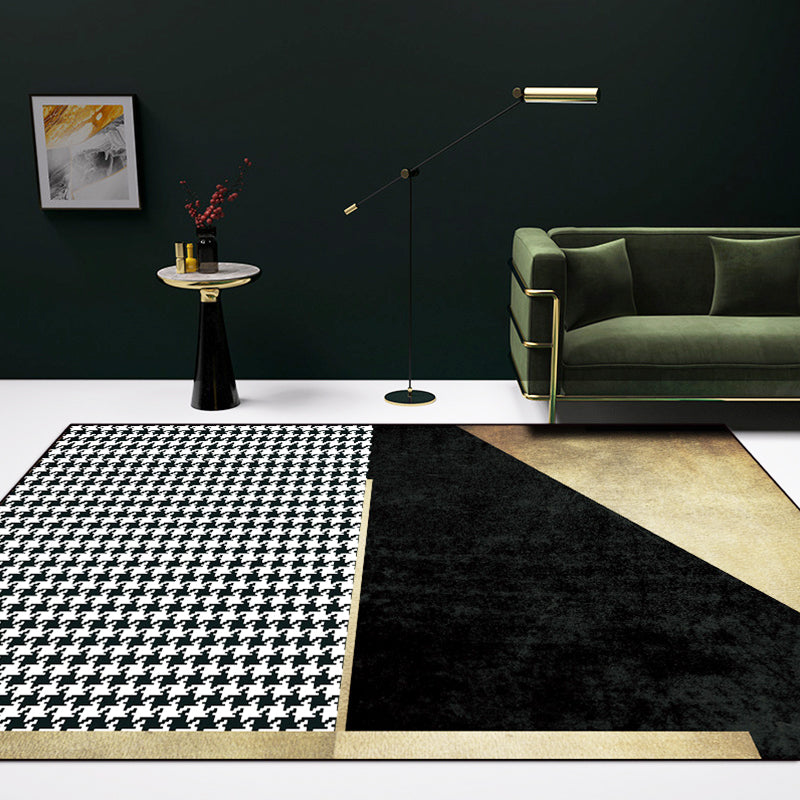 Modern Houndstooth Pattern Rug in Color Block Design – Black Polyester, Pet Safe