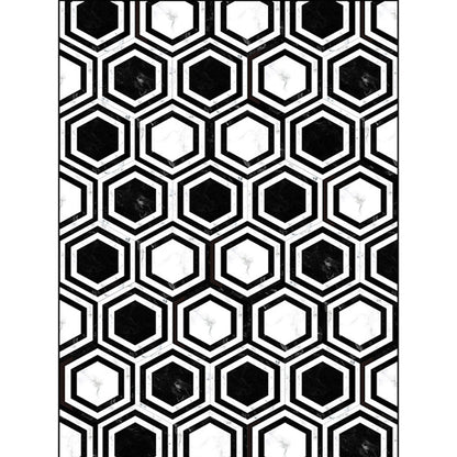 Modern Hexagon Pattern Area Rug in Black and White - Machine Washable Polyester