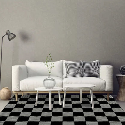 Washable Polyester Carpet for Bedroom – Black and Gray Checkered Design