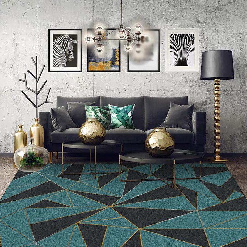 Washable Non-Slip Backing Color Block Carpet in Black and Green for Living Room