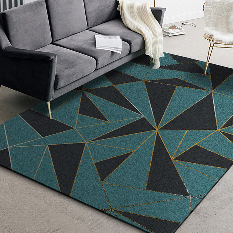 Washable Non-Slip Backing Color Block Carpet in Black and Green for Living Room