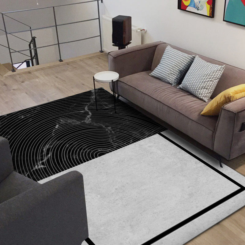Washable Polyester Carpet with Modern Half-Circle Marble Design in Black and Gray