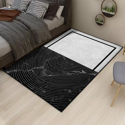 Washable Polyester Carpet with Modern Half-Circle Marble Design in Black and Gray