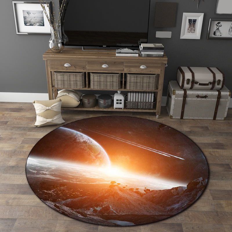 Contemporary Space Planet Design Area Rug in Black and Orange - Washable Polyester, Stain-Resistant