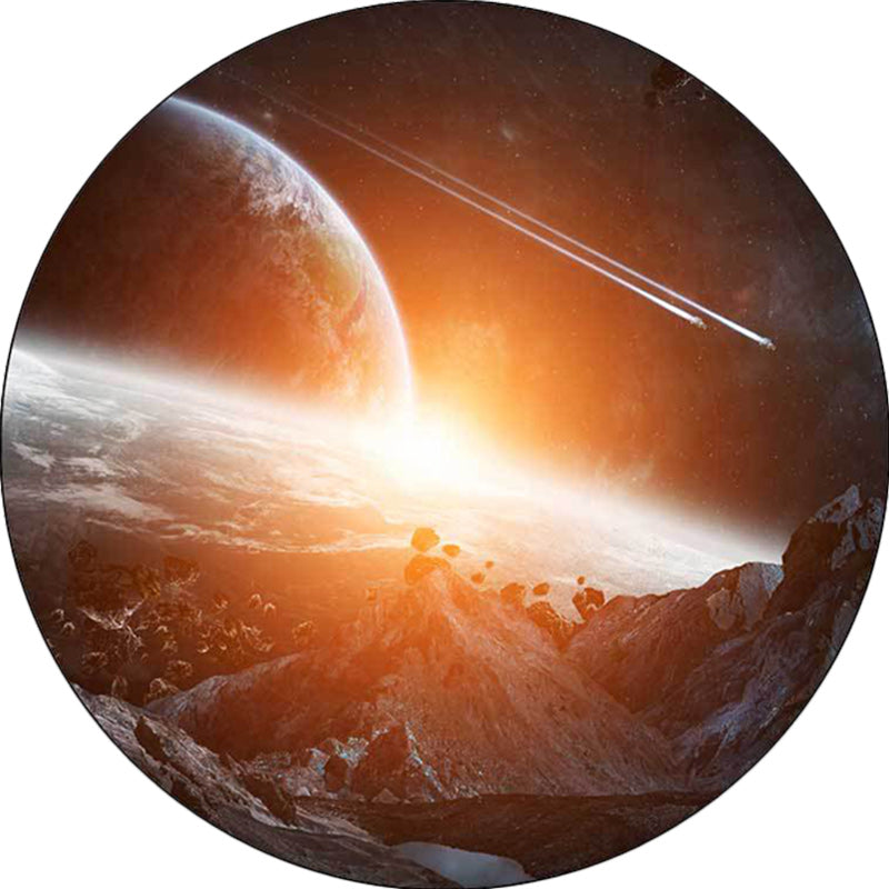 Contemporary Space Planet Design Area Rug in Black and Orange - Washable Polyester, Stain-Resistant