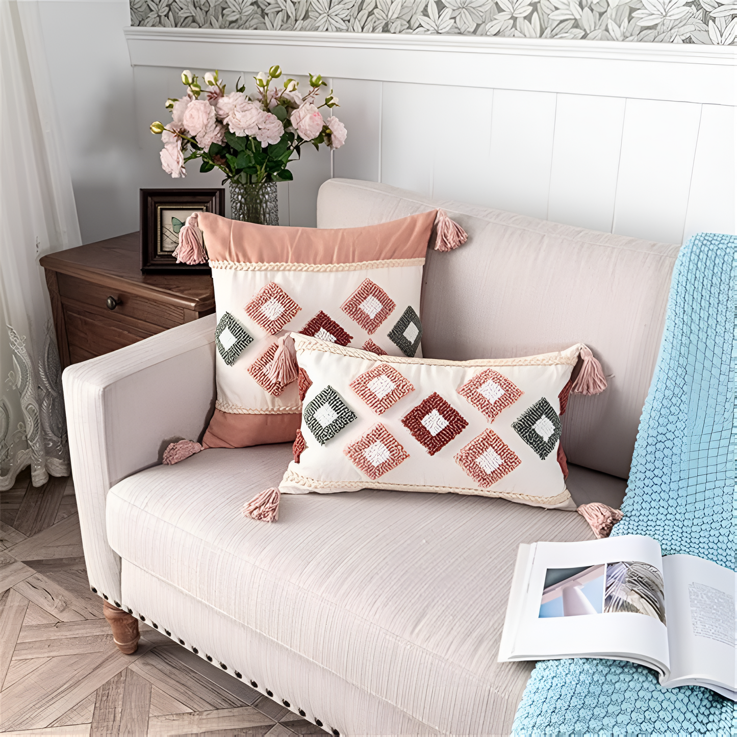 Chic Bohemian Throw Pillow Cover with Rainbow Design