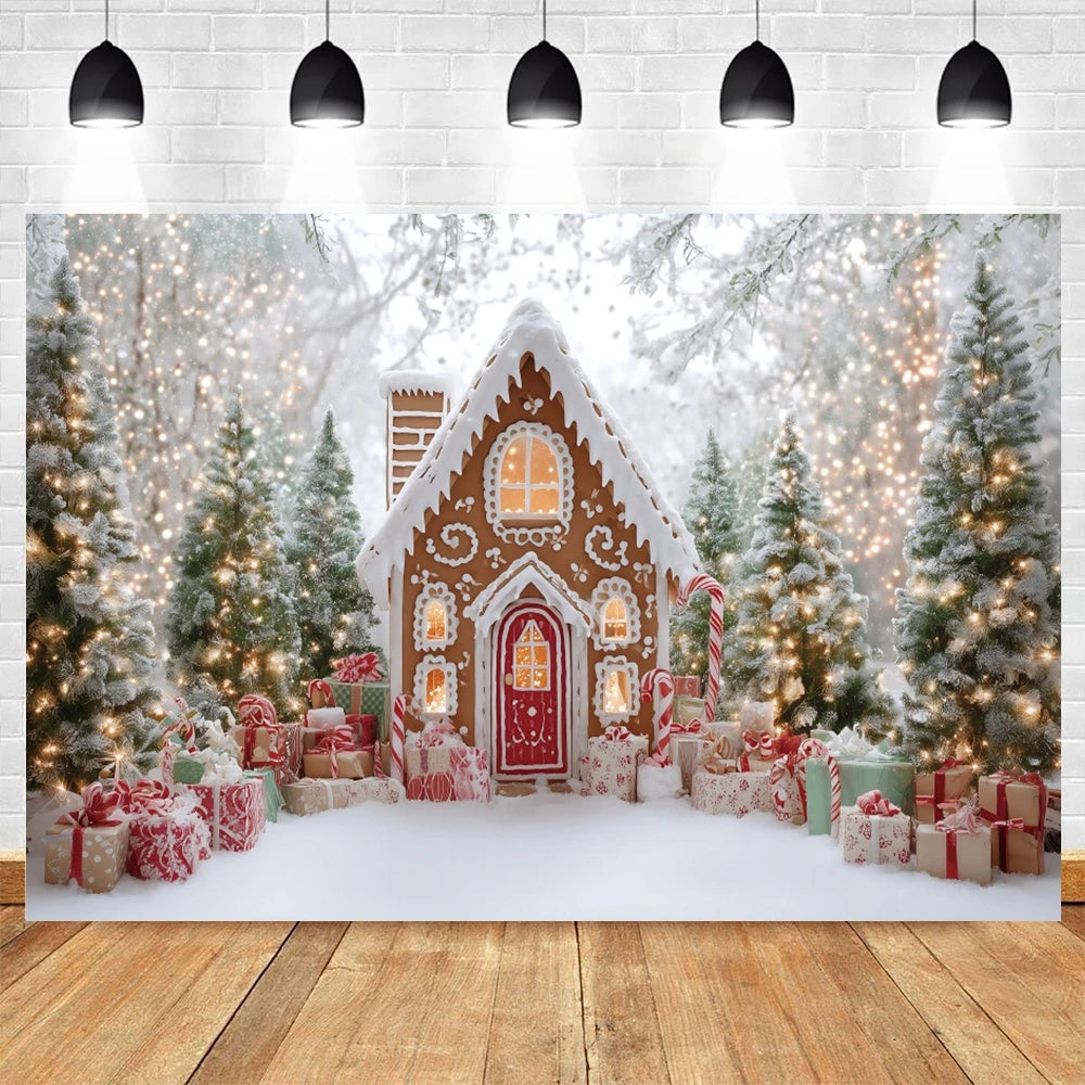 Christmas Photo Background - Snowy Landscape & Gingerbread House - Family & Kids Photo Shoot Decor - Polyester/Vinyl - 300×200 cm