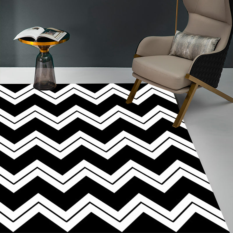 Washable Chevron Pattern Area Rug in Black and White with Non-Slip Backing