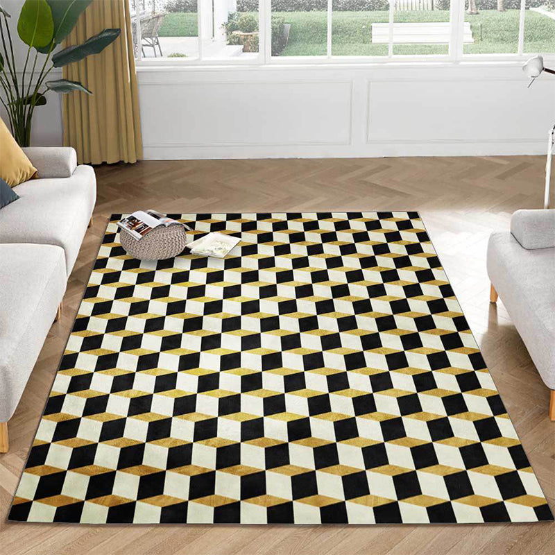 Geometric Pattern Washable Rug in Black and Gold with Non-Slip Back for Living Room