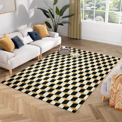 Geometric Pattern Washable Rug in Black and Gold with Non-Slip Back for Living Room