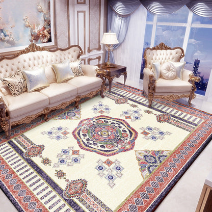 Washable Non-Slip Medallion Pattern Carpet in Beige and Red for Living Room