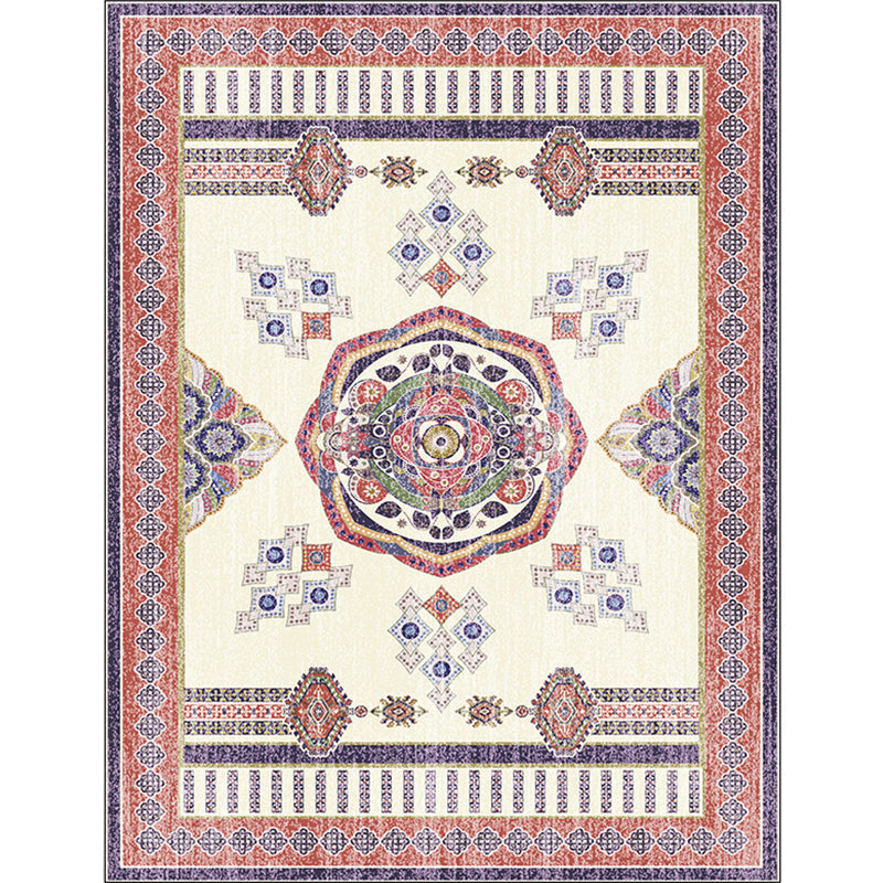 Washable Non-Slip Medallion Pattern Carpet in Beige and Red for Living Room