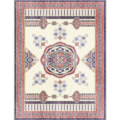 Washable Non-Slip Medallion Pattern Carpet in Beige and Red for Living Room