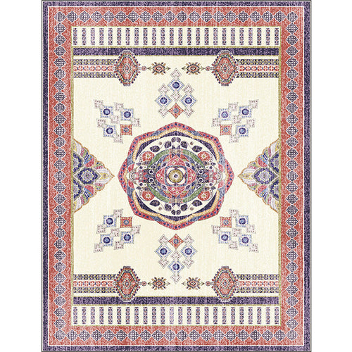 Washable Non-Slip Medallion Pattern Carpet in Beige and Red for Living Room