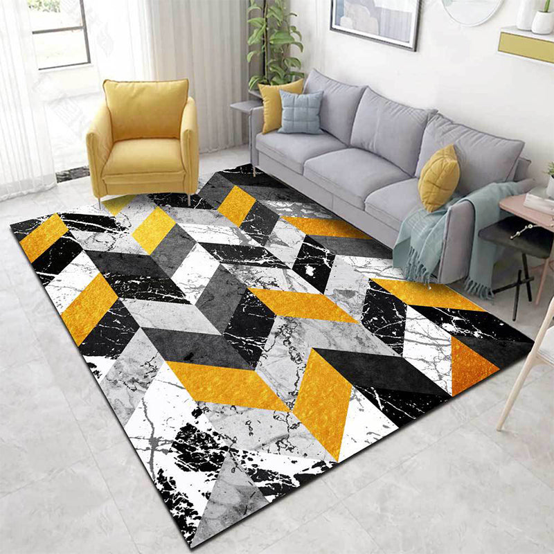 Washable Non-Slip Carpet with Geometric and Marble Design in Black and Gold for Living Room
