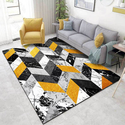 Washable Non-Slip Carpet with Geometric and Marble Design in Black and Gold for Living Room