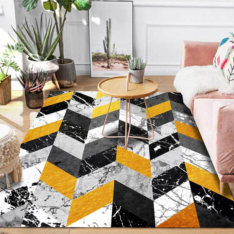 Washable Non-Slip Carpet with Geometric and Marble Design in Black and Gold for Living Room