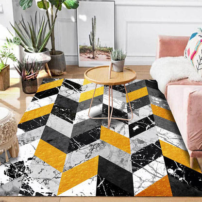 Washable Non-Slip Carpet with Geometric and Marble Design in Black and Gold for Living Room