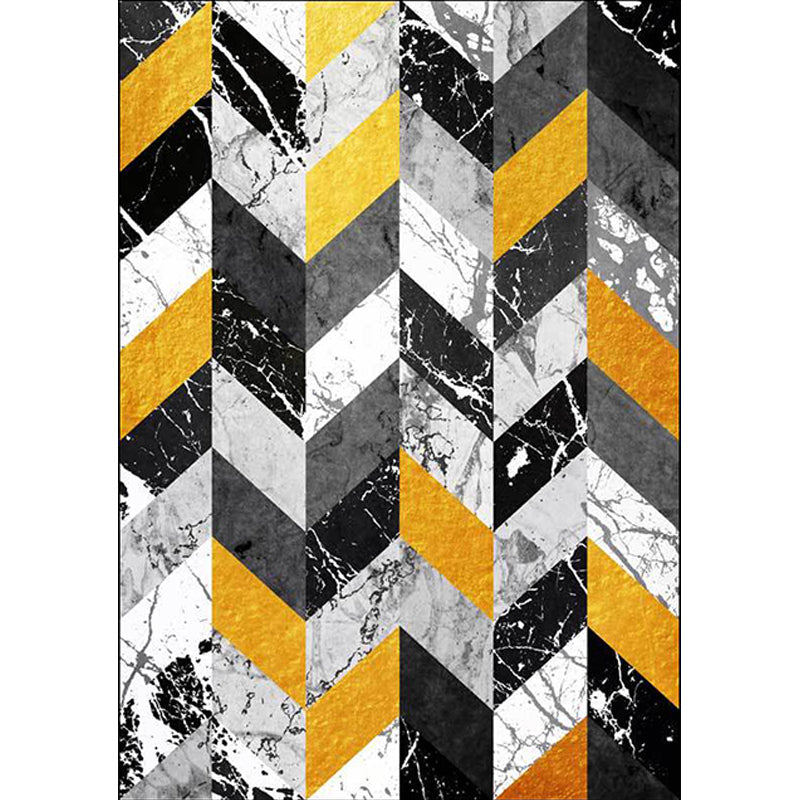 Washable Non-Slip Carpet with Geometric and Marble Design in Black and Gold for Living Room
