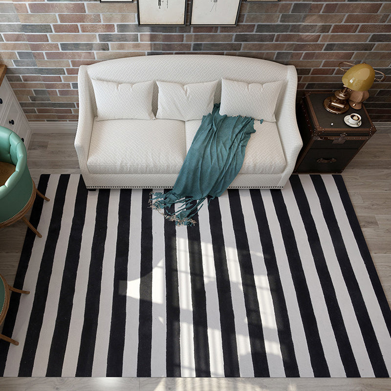 Striped Polyester Carpet in Black and White – Washable Non-Slip Rug for Living Room